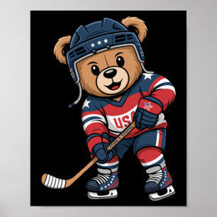 Patriotischer Bär Hockeyspieler Niedlich Usa Stern Poster
