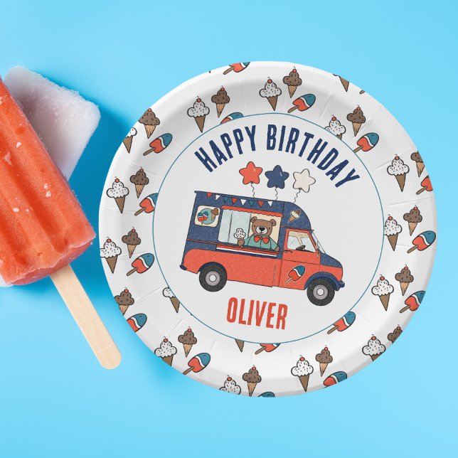 Patriotischer Bäreis Creme Party Geburtstag Pappteller (Cute Ice Cream Truck Personalized Birthday Party Plates)