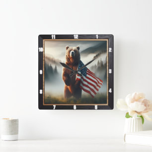 Patriotischer Bärenwald Quadratische Wanduhr