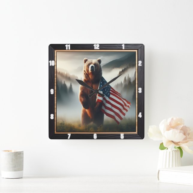 Patriotischer Bärenwald Quadratische Wanduhr (Zuhause)
