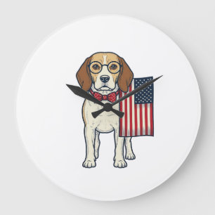 Patriotischer Beagle mit Flagge Vintage-Vektor-Art Große Wanduhr