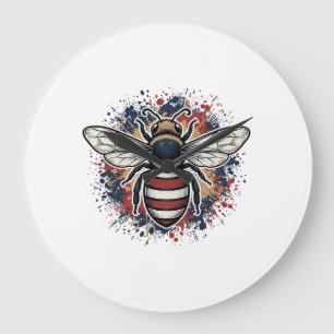 Patriotischer Bienen-Vintage-Stich-Vektordesign_1 Große Wanduhr