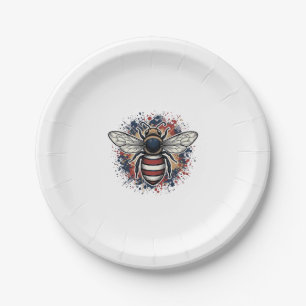 Patriotischer Bienen-Vintage-Stich-Vektordesign_1 Pappteller