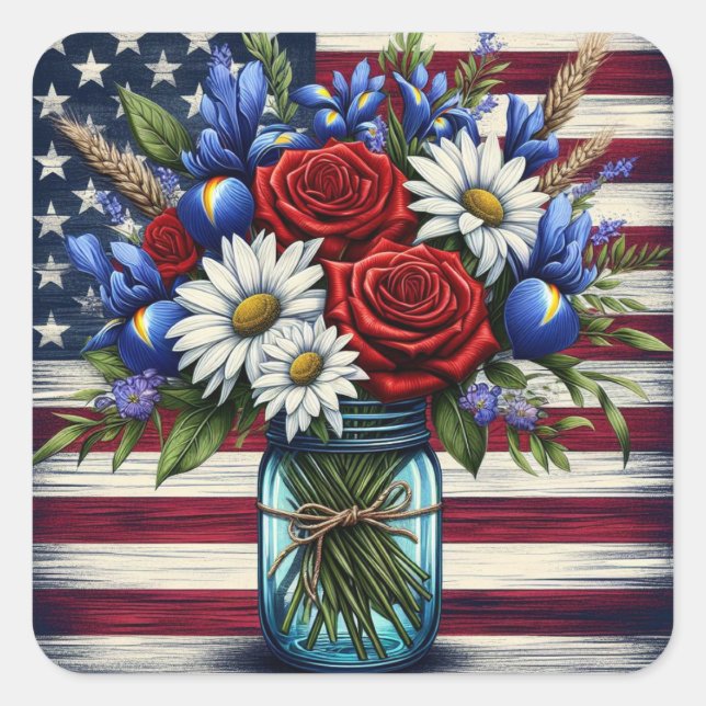 Patriotischer, blumengestresster Amerikaner Quadratischer Aufkleber (Vorderseite)