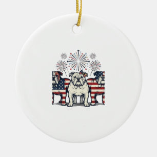Patriotischer Bulldog-Feuerwerk-Vintage-Stich-Desi Keramik Ornament