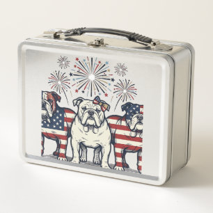 Patriotischer Bulldog-Feuerwerk-Vintage-Stich-Desi Metall Brotdose
