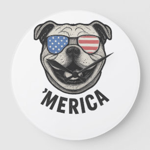 Patriotischer Bulldogge 'MERICA � USA-Flagge-Sonne Große Wanduhr
