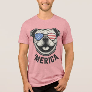 Patriotischer Bulldogge 'MERICA � USA-Flagge-Sonne Tri-Blend Shirt