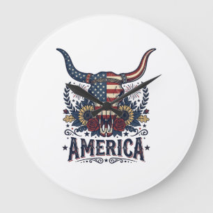 Patriotischer Bullenschädel Amerika Vintage 4. Jul Große Wanduhr