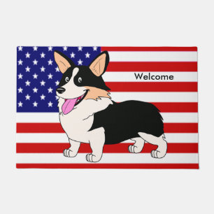 Patriotischer Cartoon-WaliserCorgihund mit Flagge Fußmatte