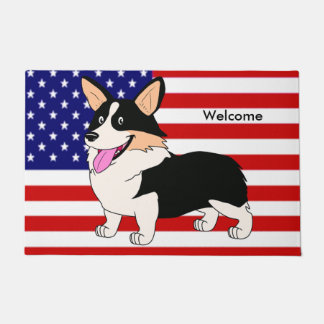 Patriotischer Cartoon-WaliserCorgihund mit Flagge Fußmatte