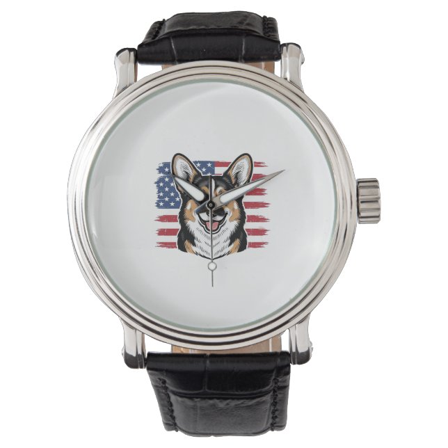 Patriotischer Corgi Amerikanische Flagge Vintage-V Armbanduhr (Vorderseite)