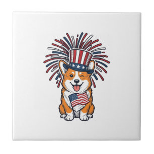 Patriotischer Corgi Feuerwerk Hund Vektor Design_1 Fliese