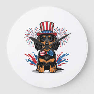 Patriotischer Dachshund Feuerwerk Vintage Vektor K Große Wanduhr