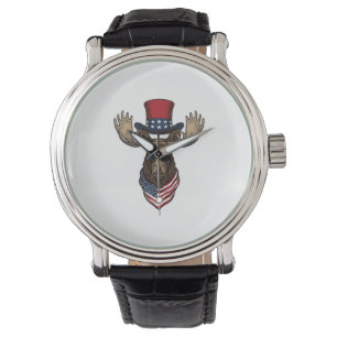 Patriotischer Elch Vintage-Stich Vektor-Design_1 Armbanduhr