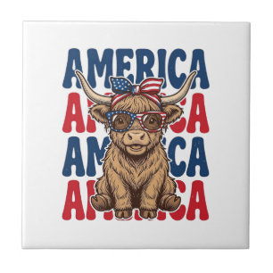 Patriotischer Highland-Kuh-Amerika-Vintage-Shirt-E Fliese