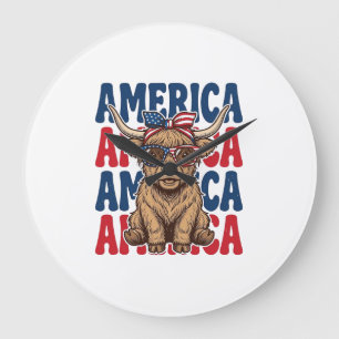 Patriotischer Highland-Kuh-Amerika-Vintage-Shirt-E Große Wanduhr
