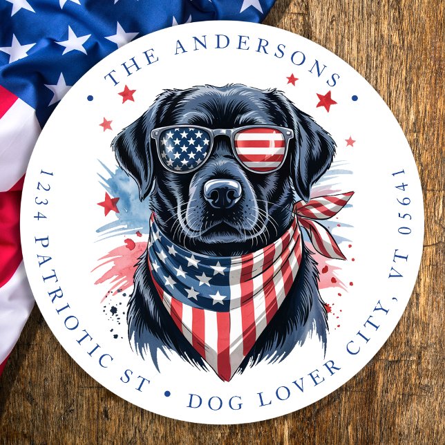 Patriotischer Hund 4. Juli Labrador Rücksendeadres Runder Aufkleber (Von Creator hochgeladen)