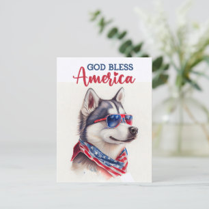 Patriotischer Hund-Husky, Gott segne Amerika Postk Postkarte