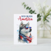Patriotischer Hund-Husky, Gott segne Amerika Postk