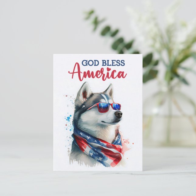 Patriotischer Hund-Husky, Gott segne Amerika Postk Postkarte (Stehend Vorderseite)