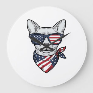 Patriotischer Hund mit Flagge Sonnenbrille Vintage Große Wanduhr