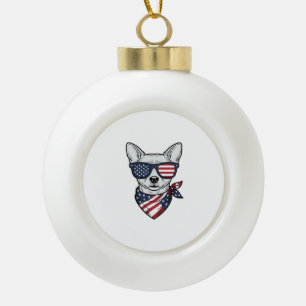 Patriotischer Hund mit Flagge Sonnenbrille Vintage Keramik Kugel-Ornament