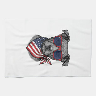Patriotischer Hund mit Sonnenbrille Vintage-Shirt- Geschirrtuch
