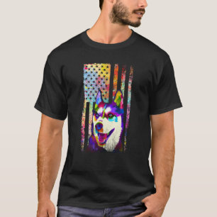 Patriotischer Husky Amerikanische Flagge Retro Pop T-Shirt