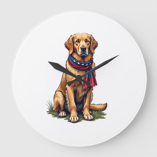 Patriotischer Jagd Golden Retriever Vintage T-Shir Große Wanduhr (Vorderseite)
