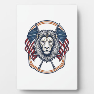 Patriotischer Löwe mit amerikanischen Flaggen Vint Fotoplatte