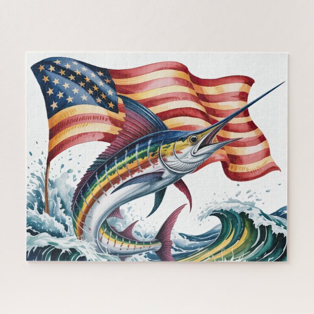 Patriotischer Marlin mit Flagge Puzzle (Horizontal)