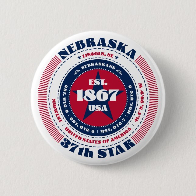 Patriotischer Nebraska-Kreis mit Staat-Details Button (Vorderseite)