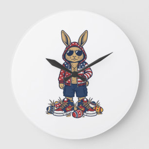 Patriotischer Osterhase Vintage Vector Shirt_1 Große Wanduhr