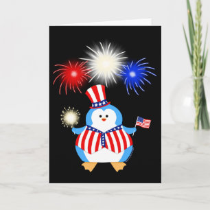 Patriotischer Pinguin mit Feuerwerken Karte