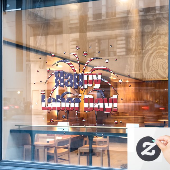 Patriotischer Red White and Blue Happy Labour Day Fensteraufkleber (Café-Fenster)