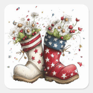Patriotischer Regenstiefel mit Blumendesign Quadratischer Aufkleber