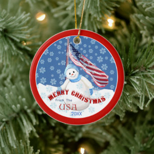 Patriotischer Schneemann und Flag Weihnachtsschmuc Keramik Ornament