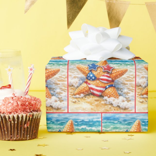 Patriotischer Seestern im Strand Sand Geschenkpapier (Geburtstagsparty)
