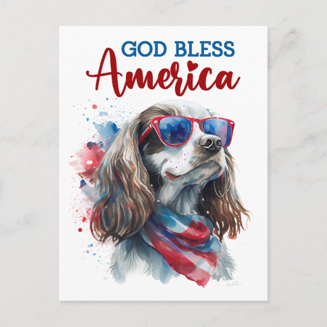 Patriotischer Spaniel Hund, Gott segne Amerika Pos Postkarte (Vorderseite)