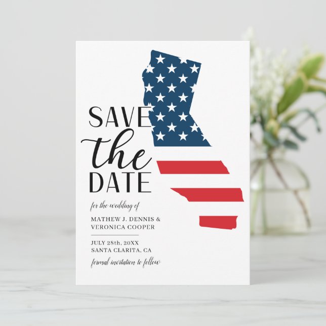 Patriotischer Staat California Hochzeit in Urlaubs Save The Date (Stehend Vorderseite)