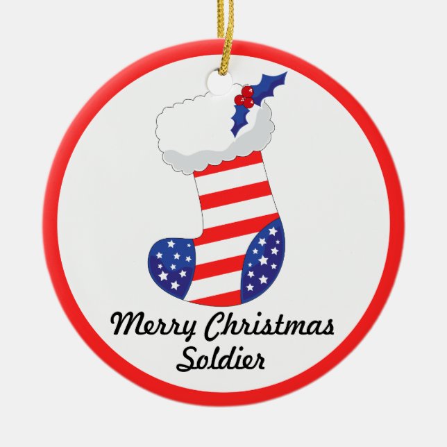 Patriotischer Strumpf - Frohe Weihnachtssoldaten Keramik Ornament (Vorne)