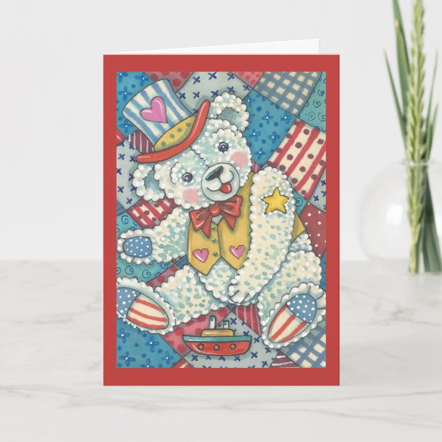 PATRIOTISCHER TEDDY BEAR & QUILT GREETCARD Verse Karte (Vorderseite)