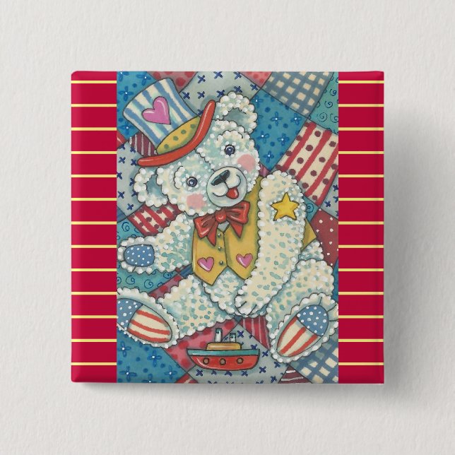 PATRIOTISCHER TEDDYBÄR & PATCHWORK-KNOPF Quadrat Button (Vorderseite)