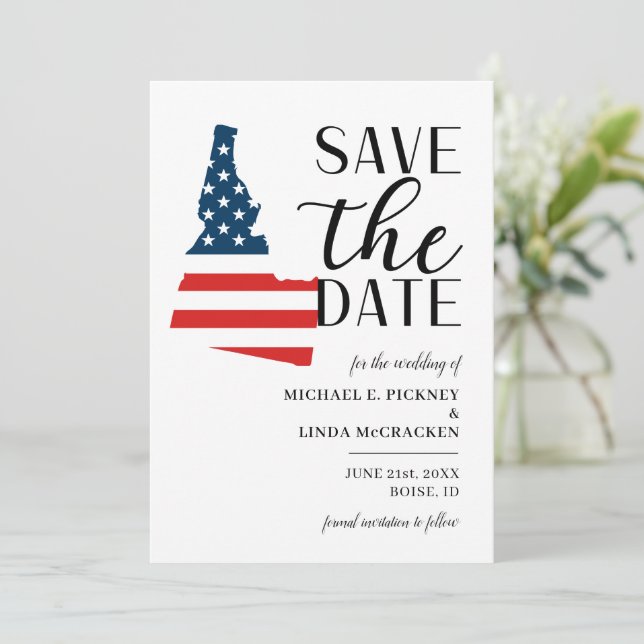 Patriotischer US-Staat der Hochzeit in Urlaubsort  Save The Date (Stehend Vorderseite)