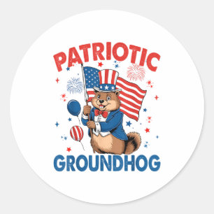 Patriotischer Waldmurmeltier Amerikanische Flagge Runder Aufkleber