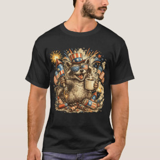 Patriotischer Waschbär-Kaffee-Feuerwerk 4. Juli T- T-Shirt