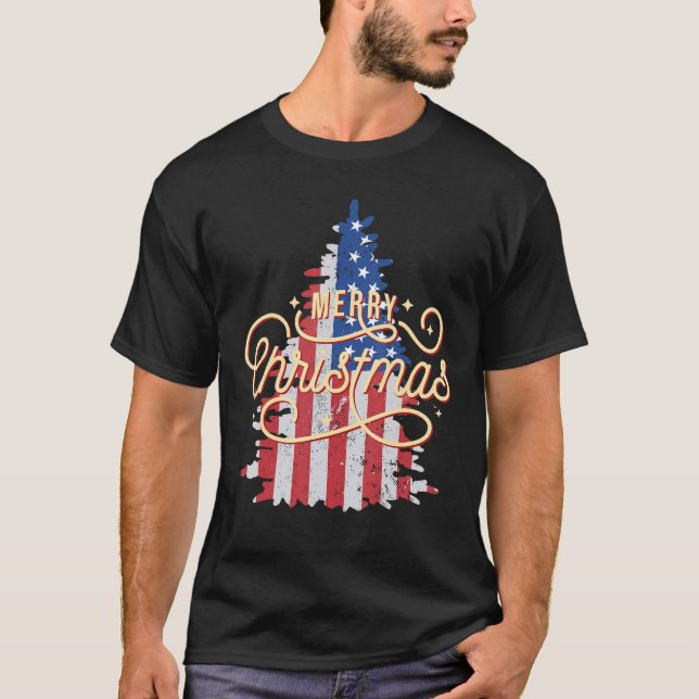 Patriotischer Weihnachtsbaum Us Flag Retro Merry C T-Shirt (Vorderseite)