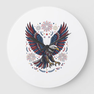 Patriotischer Weißkopfseeadler Feuerwerk Vintage V Große Wanduhr