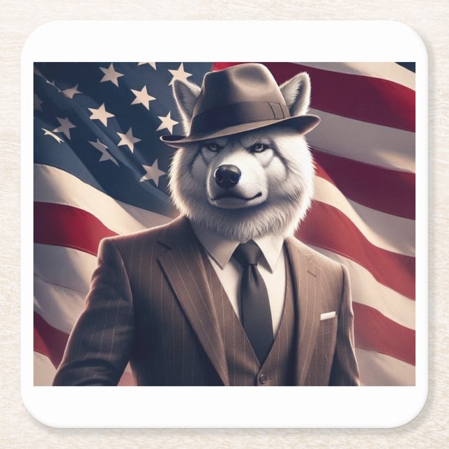 Patriotischer Wolf   Rechteckiger Pappuntersetzer (Vorderseite)